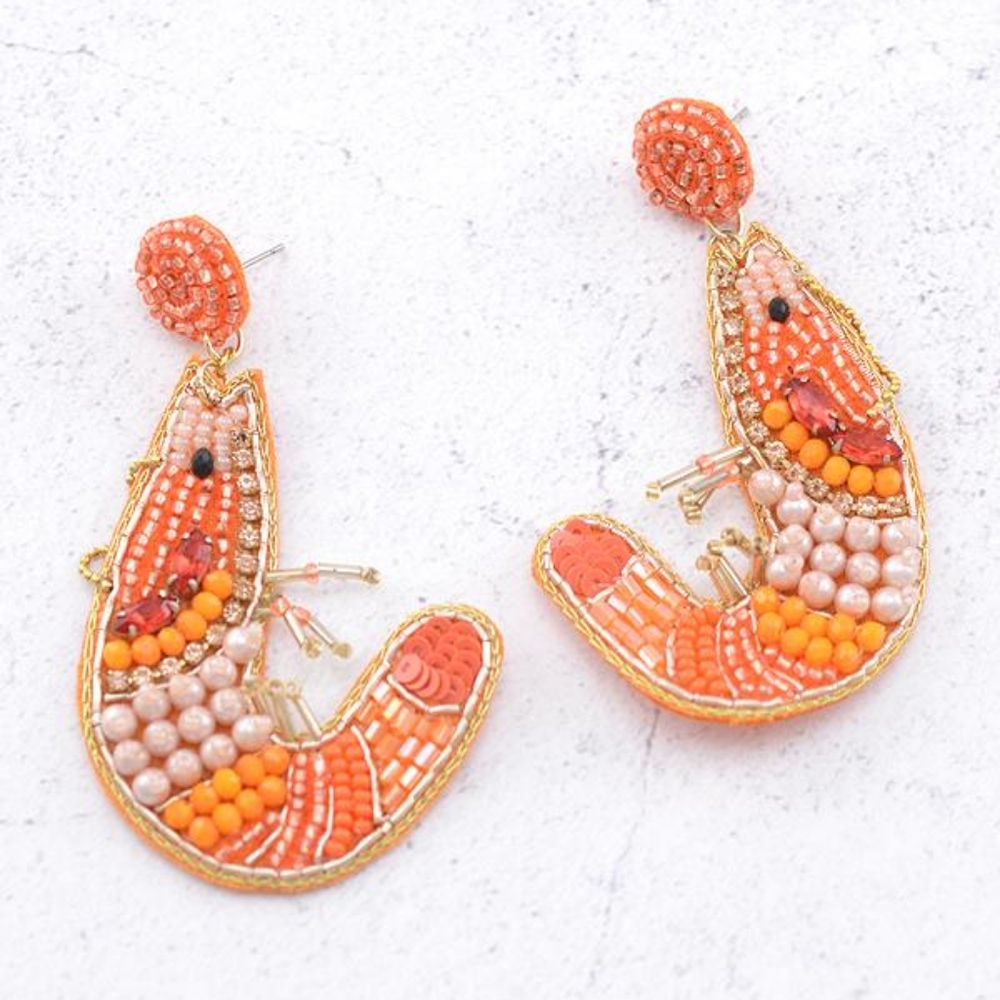Seed Beaded Shrimp Earrings - Statement Earrings - Louisiana Jewelry